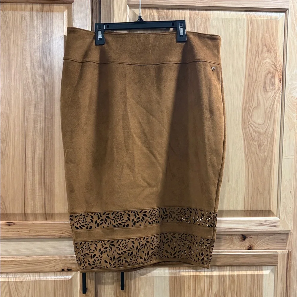 Thalia Sodi Tan Faux Suede Pencil Skirt with Stunning Unique Cutout Hem Size L